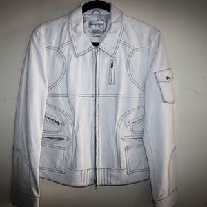 The White Leather Jacket featuring Intricate Black Design Detailing
